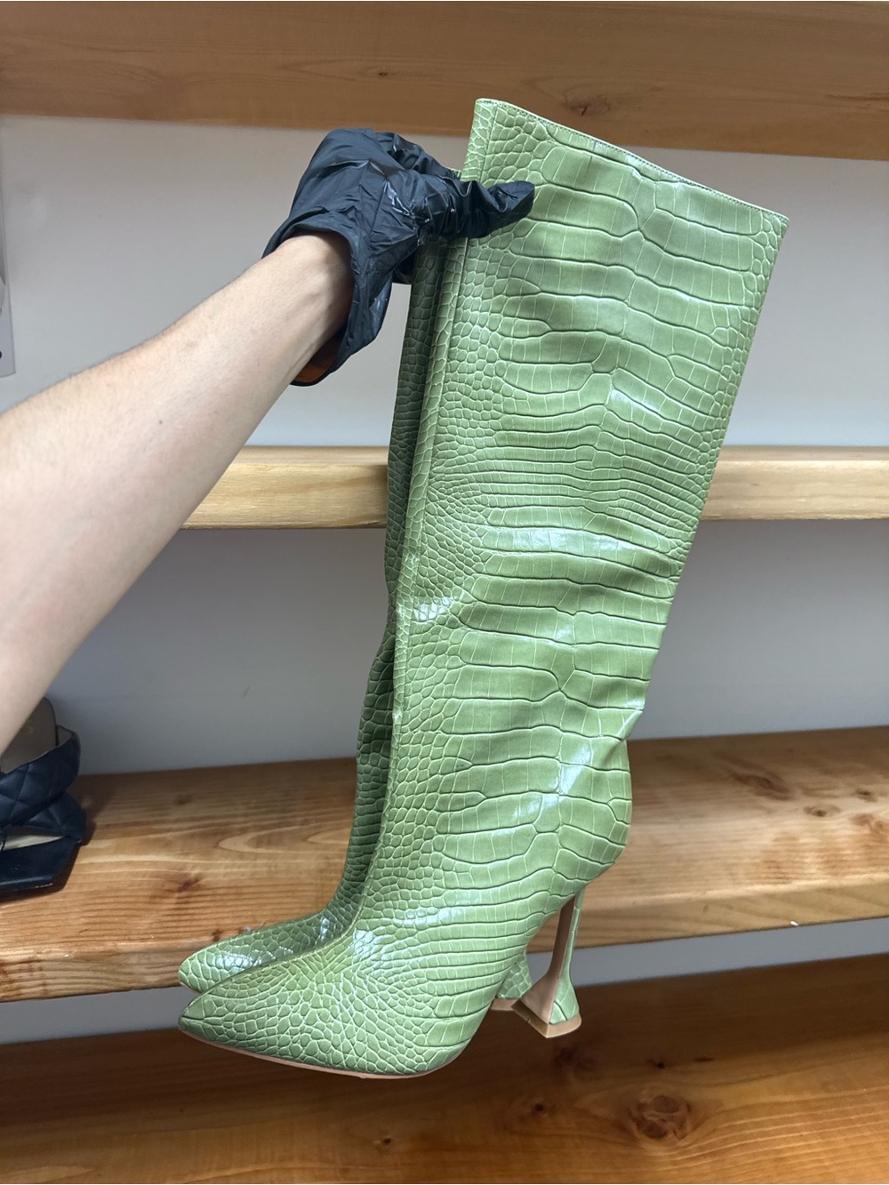 Women’s Green Croc-Embossed Knee-High Stiletto Boot